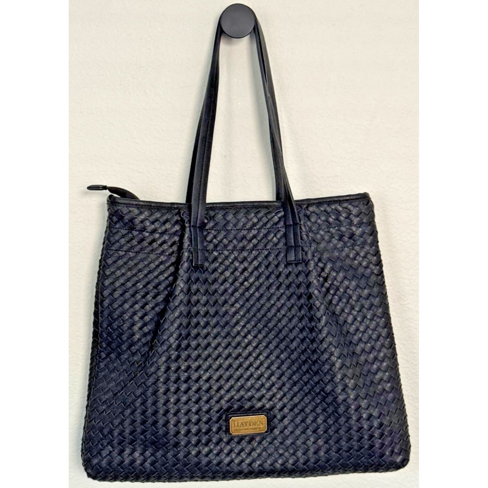 Hayden by Hayden Harnett‎ Shoulder Bag Black Woven Vegan Leather Tote Shopping